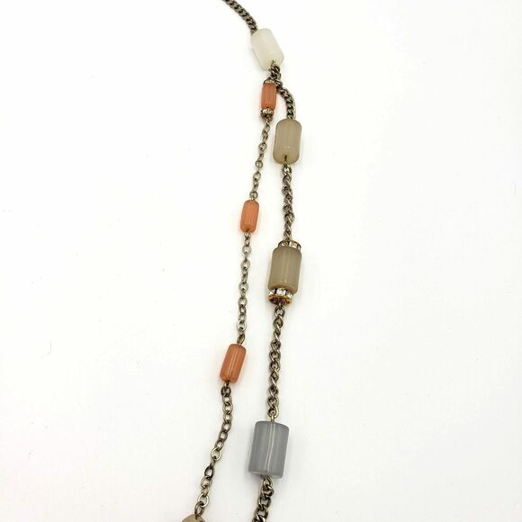 Gold Tone Satellite Cylinder Bead Necklace Blue Pink Green Gray Double Chain - Picture 11 of 12